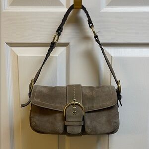 Coach Taupe Suede Shoulder Bag with Gold Hardware